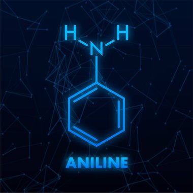 Glowing aniline molecule on dark blue background with connecting dots representing chemical bonds clipart