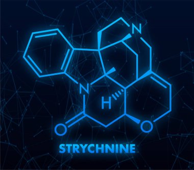 Strychnine molecule forming chemical bonds, creating a network of connections, visualized with glowing lines and nodes on a dark background clipart