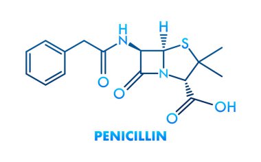 Penisilin kimyasal iskelet formülü, bakteriyel enfeksiyonların tedavisinde kullanılan antibiyotik ilaç.