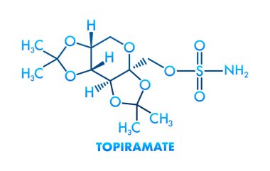 Topiramate 'in iskelet formülü, atomları ve bağları gösteren antikonvülsan bir ilaç.