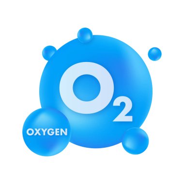 Oksijen molekülü, kimyasal element O2, atomlarla çevrili mavi bir küre, oksijen kavramı ve yaşam için önemi