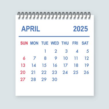 Nisan 2025 ayının gün ve tarihlerini gösteren takvim sayfası