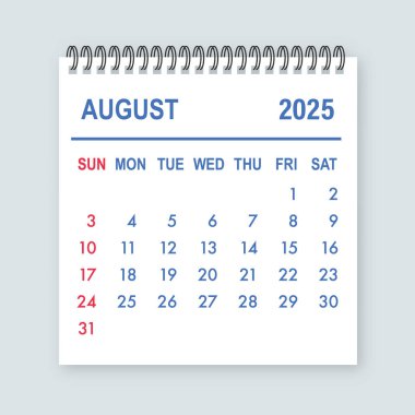 Takvim sayfası Ağustos 2025 'i gösteriyor, günleri, haftaları ve başlangıç gününü vurguluyor