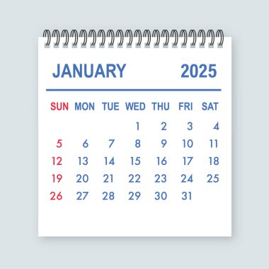 Takvim sayfası 2025 yılının Ocak ayını gösteriyor, günleri ve haftaları gösteriyor