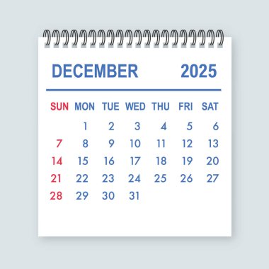 Aralık 2025 takvim sayfası, günleri, haftaları ve ay adını gösterir