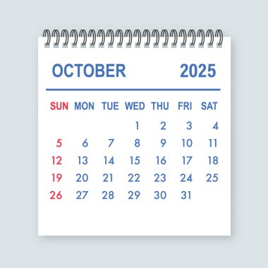 Takvim sayfası Ekim 2025 'i gün ve tarihlerle gösterir