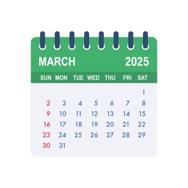 Mart 2025 'i vurgulayan takvim sayfası, verimli planlama ve planlama için gün, hafta ve ayı gösterir