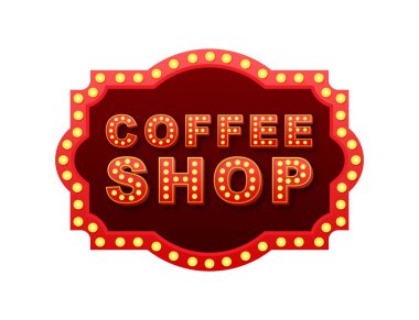 Beyaz arka planı aydınlatan parlak ampullü kırmızı kahve dükkanı tabelası.
