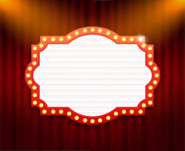 Parlayan ampuller kırmızı perde arkaplanındaki boş billboard 'u aydınlatarak canlı ve büyüleyici bir görüntü yaratıyor.