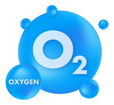 Oksijen molekülü, kimyasal element O2, atomlarla çevrili mavi bir küre, oksijen kavramı ve yaşam için önemi