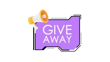 Animasyon megafon, canlı mor ve yeşil arka planlar üzerinde dinamik geçişleri olan, beyaz üzerinde izole edilmiş, ele veren bir mesajı teşvik eder.