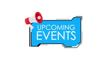 Bir megafon simgesi ve yaklaşan olayları siyah beyaz çerçeveli, beyaz ve yeşil arkaplanlarda izole edilmiş mavi bir arkaplanda gösteren metin ile canlandırma başlatılıyor