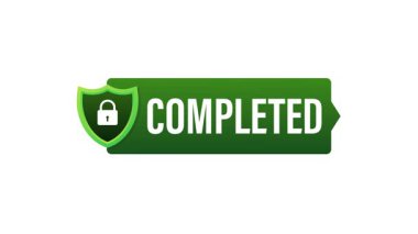 Yeşil tamamlama durumu kademeli olarak animasyonla doluyor, dijital arayüz tarzında beyaz ve mavi arkaplanlara karşı COMPlet 'ten COMPLET' e geçiş