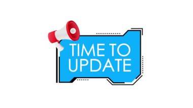 Animasyon megafonu beyaz ve yeşil ekran arkaplanındaki izole edilmiş görüntüyü güncellemek için metin zamanı ile bir duyuru yapıyor