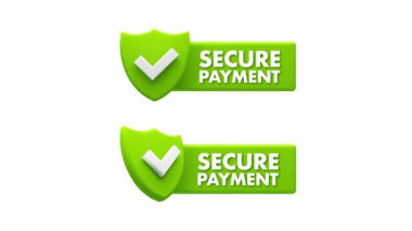 Kontrol işaretli yeşil kalkan ve güvenli ödeme işareti beyaz ve mavi arka planda izole