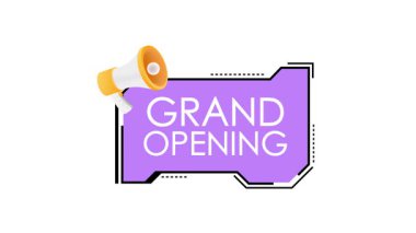 Büyük bir açılış duyurusu için bir megafon ve metin içeren dinamik animasyon, beyaz ve yeşil ekran arka planında yaratıcı bir dönüşüm