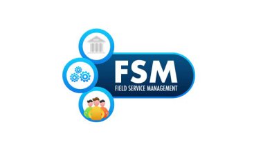 Saha Hizmetleri Yönetimi için animasyon logosu - FSM - işçilerle, dişlilerle ve inşaat simgeleriyle, beyaz ve yeşil ekran üzerinde kolay krom anahtarlama için