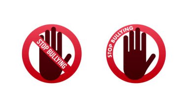 Beyaz ve yeşil arkaplanda değişen sembollere zorbalık yapmayı bırakın, zorbalık karşıtı farkındalığı tanınabilir bir el simgesi ile vurgulayın.