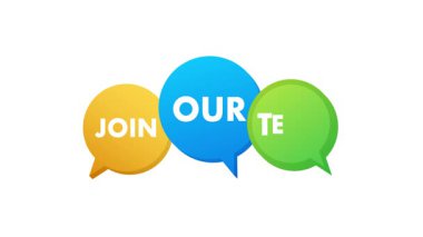 Renkli konuşma balonları insanları beyaz ve yeşil arka planlara karşı oluşturulan bir takıma katılmaya davet ediyor. Etkileyici, dinamik adam toplama konsepti