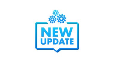 Beyaz ve yeşil ekran arkaplanı üzerinde dönen dişlilerle bir konuşma baloncuğunda görünen yeni güncelleme metni