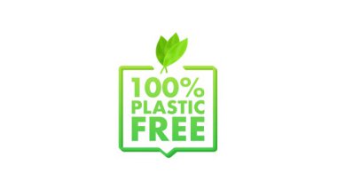 % 100 plastik serbest logo üzerinde büyüyen yeşil yapraklar, beyaz ve mavi arka planda izole edilmiş.