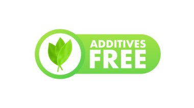 Katkı maddeleri için yaprak simgesi içeren yeşil yuvarlak dikdörtgen etiketi, beyaz ve mavi arkaplanda izole edilmiş