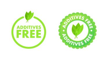 Katkı maddeleri ve katkı maddeleri içeren yeşil yapraklar beyaz ve mavi arkaplanda izole edilmiş özgür metin