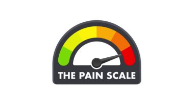 Animasyon ağrı göstergesi. İğne aşağıdan yukarıya hareket ediyor. Beyaz ve mavi arka planda izole edilmiş.