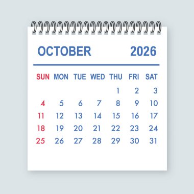 Spiral takvim sayfası Ekim 2026 'yı gösteriyor