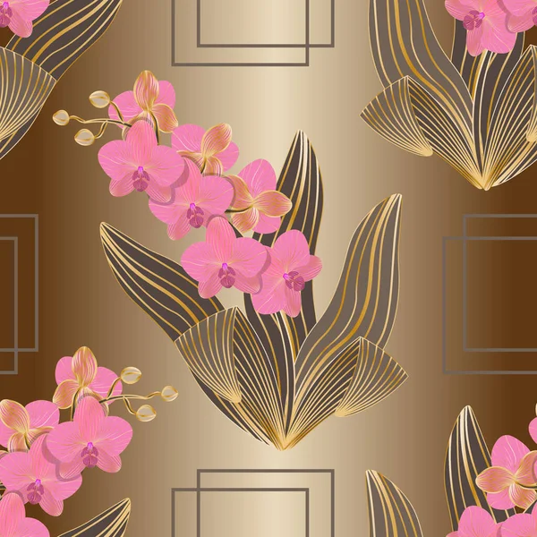 Seamless floral pattern-99. Luxury gold line art, blooming orchids, bronze background.