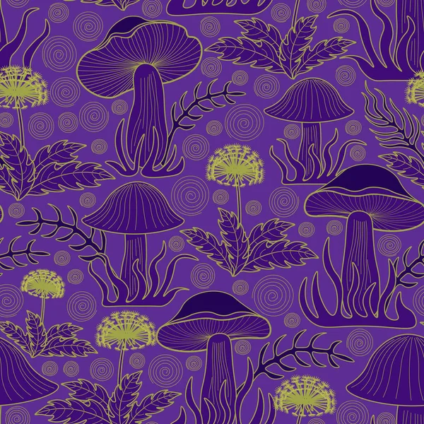 Seamless floral pattern-102. Luxury line art, mushrooms, dandelions, wild plants.
