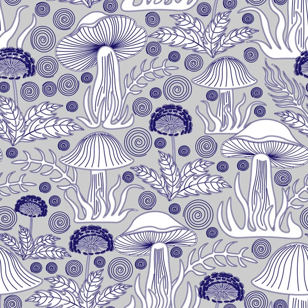 Seamless floral pattern-103. Mushrooms, dandelions, wild plants, line art, grey background.