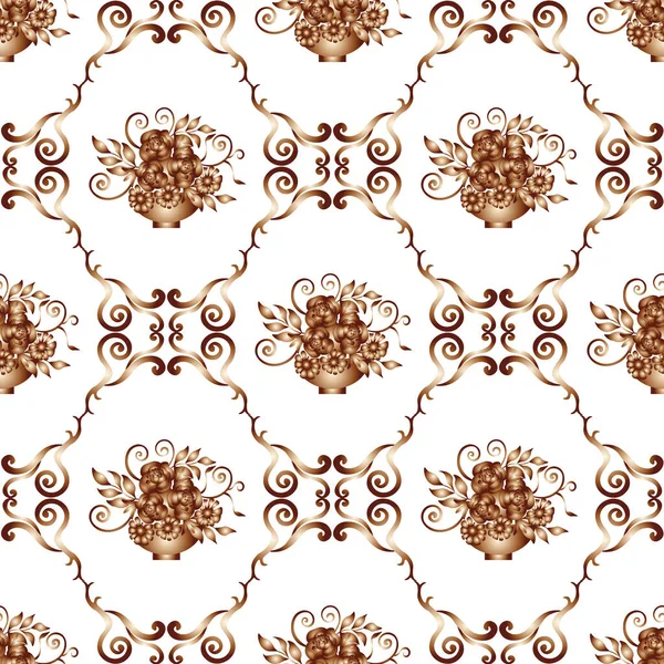 Seamless floral pattern-133.  Victorian style, brown floral pattern, white background.