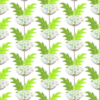 Kusursuz çiçek deseni-122. Yaz şablonu, kır çiçekleri ve yeşil hayatlar, beyaz arka plan.