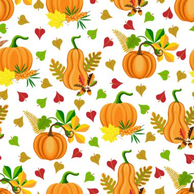 Kusursuz çiçek desenli 146. Portakal kabakları, böğürtlen, meşe palamudu, renkli sonbahar yaprakları, beyaz arka plan.