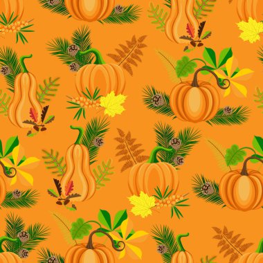Kusursuz çiçek desenli 147. Turuncu balkabağı, böğürtlen, meşe palamudu, renkli sonbahar yaprakları, turuncu arka plan.