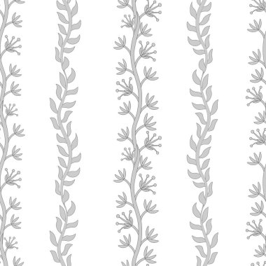 Kusursuz çiçek desenli 159. Basit çiçek süsü, beyaz arka planda gri bitkiler..