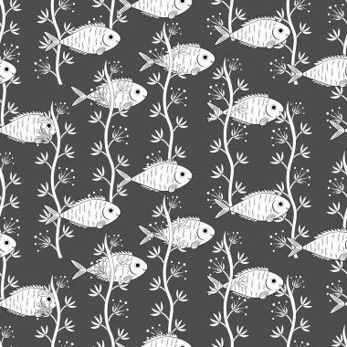 Kusursuz çiçek desenli 161. Basit çiçek süsü, beyaz sualtı bitkileri ve gri arka planda balık..