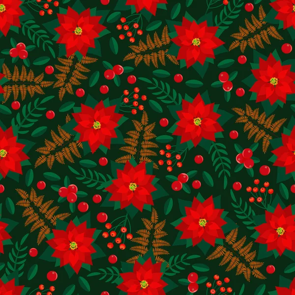 Seamless Floral Pattern 158 Christmas Colourful Pattern Red Poinsettia Berries —  Vetores de Stock
