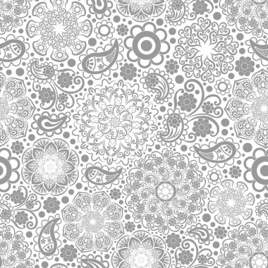 Kusursuz çiçek deseni-189. Gri mandalalar, boho tarzı, beyaz arka planda desenli desenler..
