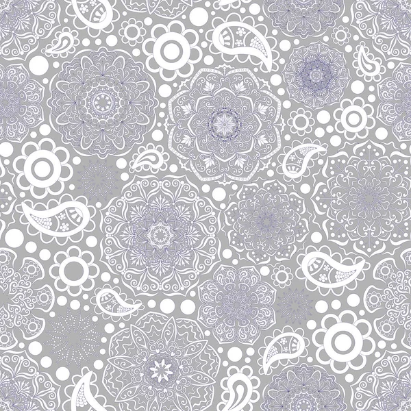 Kusursuz çiçek deseni-183. Mavi çizgili beyaz süs, boho tarzı, gri arkaplan.