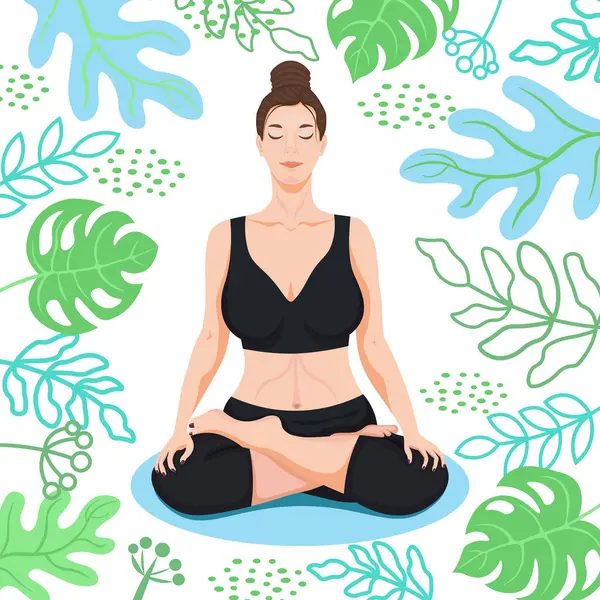 Yoga, lotus pozisyonundaki kız, tropikal bitkiler, beyaz arka plan. İzole edilmiş karakter-13, vektör.