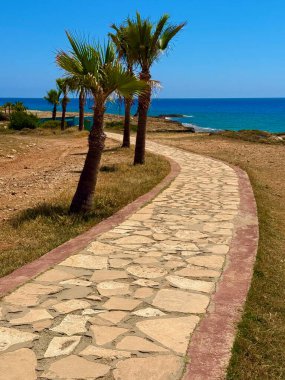 Resimli plaj, kumlu kıyıya vuran dalgalar. Deniz dalgaları kayalara çarpıyor. Kıbrıs Adası, Akdeniz.