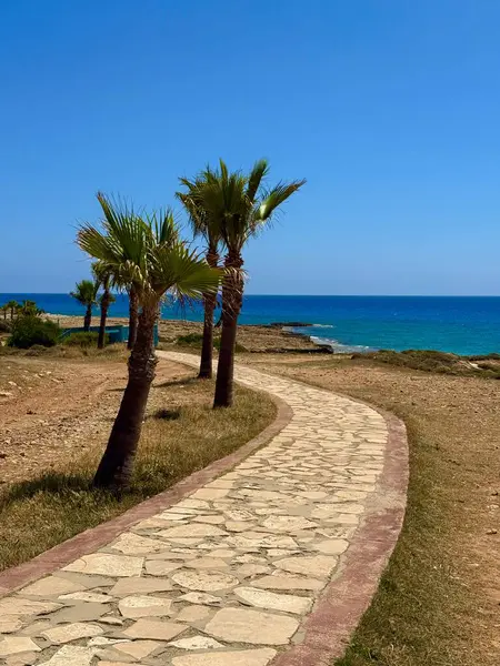 Resimli plaj, kumlu kıyıya vuran dalgalar. Deniz dalgaları kayalara çarpıyor. Kıbrıs Adası, Akdeniz.