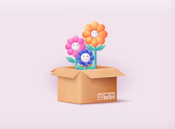 送花的概念 把花放在盒子里3D网页矢量图解 — 图库矢量图片