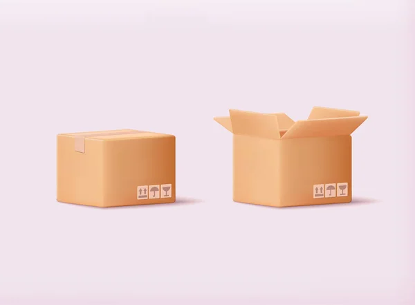 Emballage Livraison Carton Boîte Ouverte Fermée Avec Des Signes Fragiles — Image vectorielle