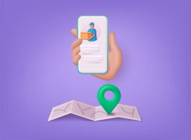 Teslimat uygulamalı telefon. Teslimatçı ve kutular. Paketli erkek karakterler paket kutuları. 3B Vektör Resimleri.