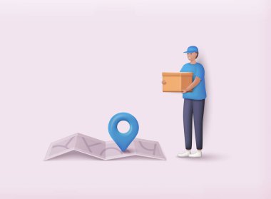 Teslimatçı ve kutular. Paketli erkek karakterler paket kutuları. 3B Vektör Resimleri.