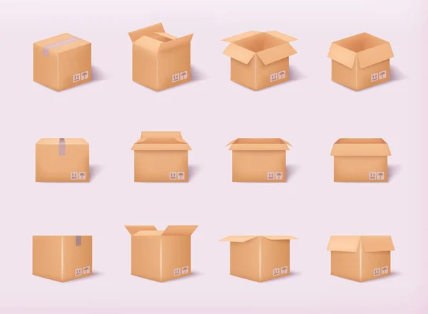 Kartonverpackung Offene Und Geschlossene Schachtel Mit Fragilen Zeichen Pappkarton Attrappe — Stockvektor