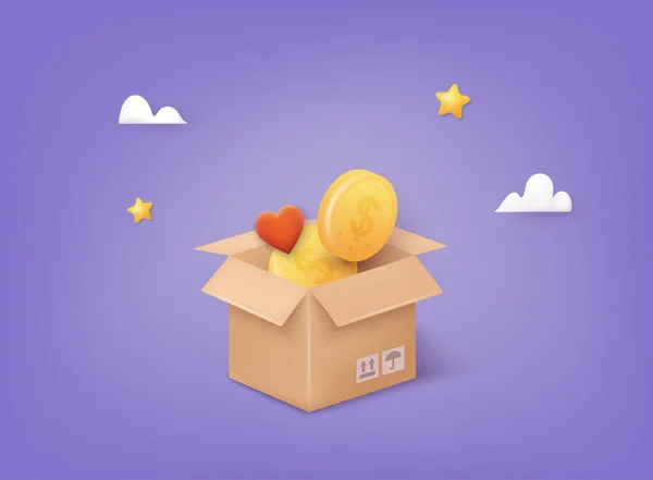 Caja Donación Con Moneda Oro Dinero Corazón Concepto Donación Caridad — Vector de stock